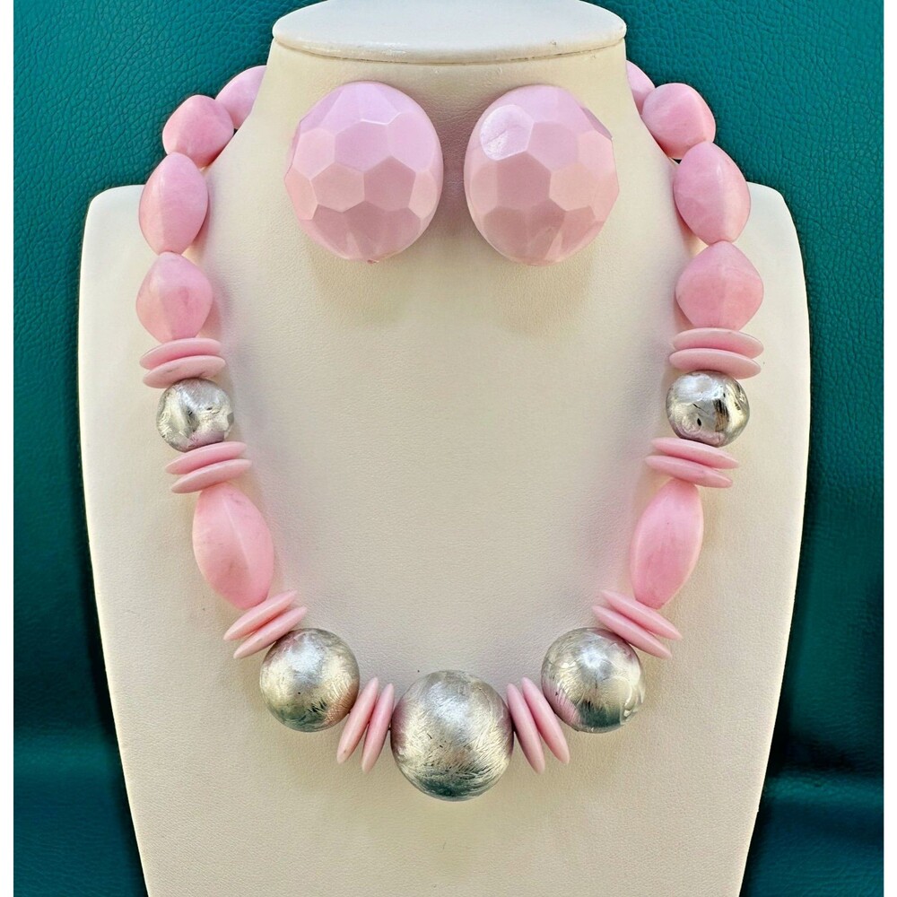 Vintage Necklace Earrings Set Pink Silver Tone Acrylic Chunky Bauble Bead Retro